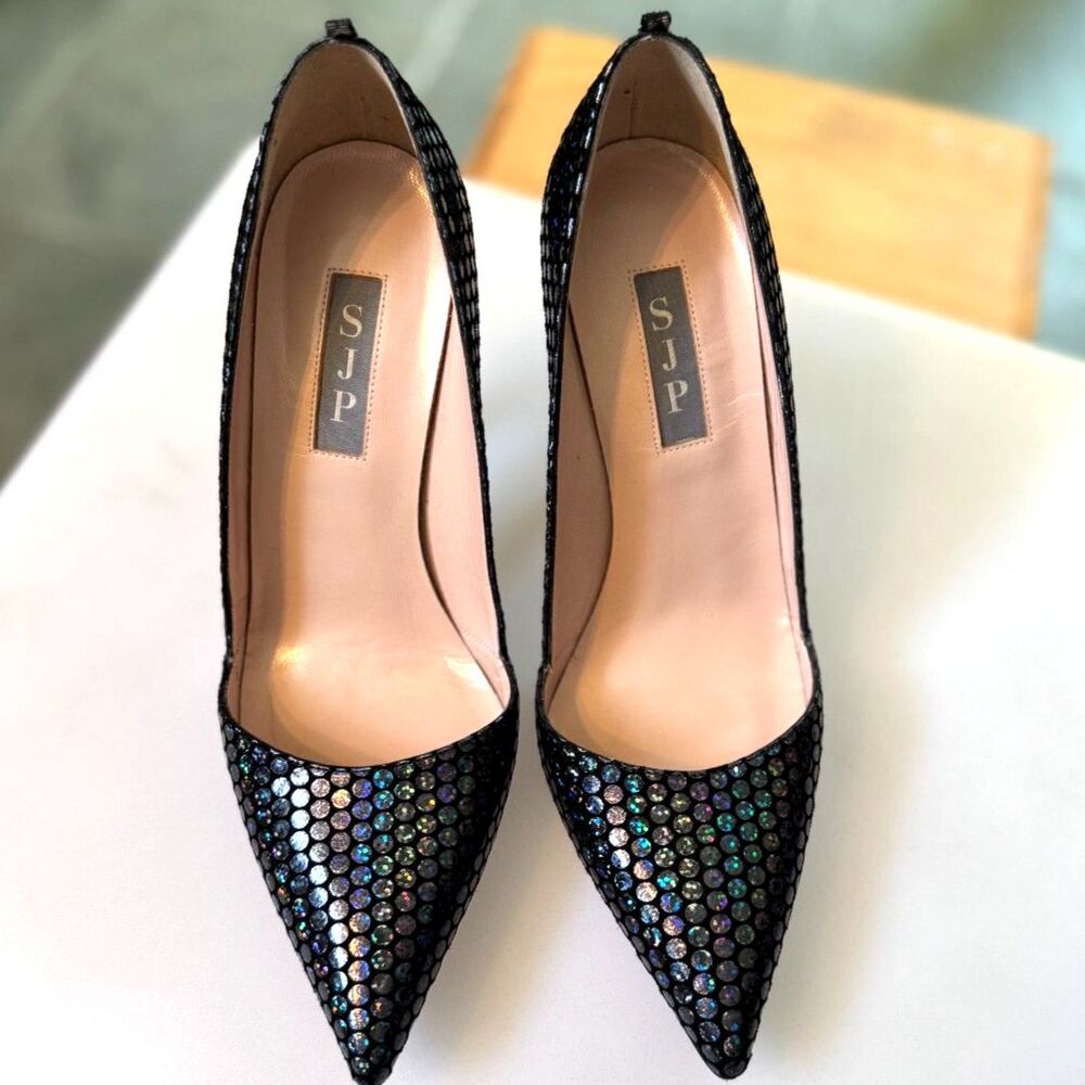SJP By Sarah Jessica Parker Fawn Leather Black Disco Heels Size EU 36.5 = US 6